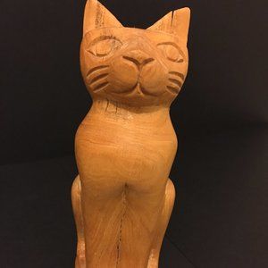 Vintage Hand Carved Solid Wood Cat Figurine